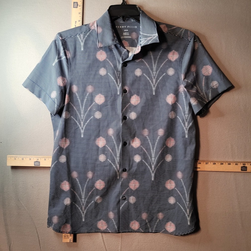 Perry Ellis Mens Slim Fit Stretch Shirt Short Sleeve Navy Pink Floral RT23794 M